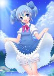  alternate_hairstyle bloomers blue_hair bow cirno dress dress_lift dutch_angle fisheye hair_bow short_twintails smile solo sumisu_(mondo) touhou twintails underwear water wings 