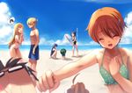  4girls bad_id bad_pixiv_id baseball_bat beach bikini black_hair blindfold blonde_hair blue_hair casual_one-piece_swimsuit cigarette closed_eyes day food frilled_bikini frills front-tie_top fruit glasses hair_ornament hairclip inami_mahiru multiple_boys multiple_girls one-piece_swimsuit orange_hair outdoors punching satou_jun shirafuji_kyouko short_hair souma_hiroomi swimsuit takanashi_souta taneshima_popura todoroki_yachiyo translation_request water watermelon working!! xiangtu yamada_aoi 