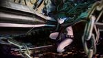  bad_id bad_pixiv_id black_hair black_rock_shooter black_rock_shooter_(character) blue_eyes burning_eye chain glowing glowing_eye gun long_hair s-kan short_shorts shorts solo sword twintails weapon 