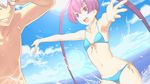  1girl :d aoto_(ar_tonelico) ar_tonelico ar_tonelico_iii armpits bare_shoulders beach bikini blue_bikini cloud collarbone day dutch_angle finnel flat_chest front-tie_top game_cg grin hair_between_eyes lens_flare long_hair nagi_ryou navel ocean open_mouth outdoors outstretched_arms purple_eyes purple_hair side-tie_bikini sky smile splashing sun swimsuit twintails very_long_hair water white_hair 