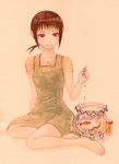  bad_id bad_pixiv_id barefoot brown_eyes brown_hair dress feeding fish fishbowl goldfish kaga_ai mole ponytail sayonara_zetsubou_sensei seishoku_fuoto solo 