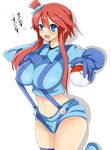  blue_eyes breasts fuuro_(pokemon) gloves gym_leader hair_ornament holding holding_poke_ball large_breasts midriff poke_ball poke_ball_(generic) pokemon pokemon_(game) pokemon_bw red_hair ririfu shorts solo suspenders 