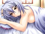  bed bed_sheet breasts kayuu koihime_musou large_breasts looking_at_viewer lying naked_sheet pillow red_eyes sideboob silver_hair smile solo under_covers yagami_(mukage) 