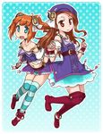  anklet boots brown_eyes brown_hair hat holding_hands idolmaster idolmaster_(classic) idolmaster_2 jewelry legs long_hair minase_iori multiple_girls palace_of_dragon_(idolmaster) striped striped_legwear takatsuki_yayoi thigh_boots thighhighs ttomm twintails 
