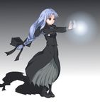  alternate_hairstyle black_dress blue_hair braid dress gradient gradient_background grey_background len long_hair magic melty_blood pointy_ears red_eyes solo sugi0323 tsukihime white_background 