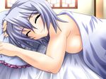  bed bed_sheet breasts closed_eyes frilled_pillow frills kayuu koihime_musou large_breasts lying pillow sideboob silver_hair smile solo yagami_(mukage) 