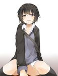  :d amagami bad_id bad_pixiv_id between_legs black_eyes black_hair black_legwear blush bottomless convenient_arm hand_between_legs highres kibito_high_school_uniform kneehighs nanasaki_ai no_panties open_mouth pun2 school_uniform short_hair sitting smile socks solo sweater 