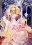  blond_hair blonde blue_eyes crown dress fanyang_(artist) feathers female flower flowers jewelry long_hair night queen realistic solo yangfan_(artist) 