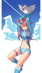  blue_eyes blue_footwear boots breasts cuboon fuuro_(pokemon) gen_5_pokemon gloves gym_leader hair_ornament highres large_breasts midriff pidove pokemon pokemon_(creature) pokemon_(game) pokemon_bw red_hair shorts suspenders 