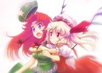  beret blonde_hair blue_eyes blurry braid china_dress chinese_clothes dress fang flandre_scarlet hat hat_removed headwear_removed hong_meiling hug hug_from_behind ikamagu long_hair multiple_girls open_mouth ponytail red_eyes red_hair short_hair side_ponytail smile surprised touhou twin_braids wavy_mouth wings 
