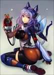  ass breasts chikokuma covered_nipples gloves large_breasts legs mecha_musume mechanical_wings original purple_eyes purple_hair sitting solo tail thighhighs thighs twisted_torso v wariza wings 