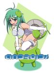 :d android_(os) antenna_hair bad_id bad_pixiv_id bangs bare_shoulders bent_over blue_eyes blush breasts copyright_name elbow_gloves from_above from_side gloves gradient green_hair hair_ornament halterneck highres kemeko_deluxe large_breasts leotard logo long_hair looking_at_viewer mecha mecha_musume open_mouth os-tan parody personification pilot_suit robo shira-nyoro smile solo turtleneck white_gloves white_legwear 