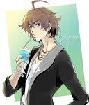  ahoge amagase_touma brown_eyes brown_hair drink idolmaster idolmaster_(classic) idolmaster_2 male_focus sipping solo zf 