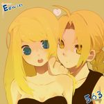  1girl artist_request blonde_hair blue_eyes couple edward_elric fullmetal_alchemist heart hetero long_hair ponytail winry_rockbell yellow_eyes 