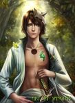  blue_eyes branches brown_hair brunette fanyang_(artist) grass green green_tears holding hole house leaves male realistic short_hair solo standing sunlight sword yangfan_(artist) 