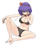  barefoot bikini breasts cleavage feet full_body large_breasts one_eye_closed purple_hair red_eyes sitting sketch smile smirk solo spread_legs swimsuit touhou yasaka_kanako yu_65026 