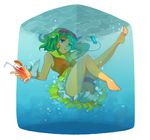  barefoot blue_eyes bubble digital_media_player drink goggles goggles_on_head green_eyes green_hair gumi leg_garter legs ooomi short_hair skirt solo underwater vocaloid water wet wet_clothes wrist_cuffs 