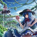  akashio_(loli_ace) blue_hair floating_island floating_rock food fruit hat highres hinanawi_tenshi holding holding_food holding_fruit landscape long_hair multiple_girls nagae_iku peach purple_hair red_eyes shawl thighhighs touhou 