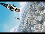  1girl black_legwear brown_hair building cityscape cloud day dutch_angle floating kumosuke letterboxed original running shorts sky skyscraper sweater thighhighs walking 