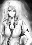  absurdres candy dokyuu_afro food glasses greyscale hand_on_hip highres lollipop messy_hair monochrome necktie original smirk solo 