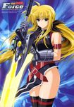  absurdres armor bardiche blonde_hair energy_sword fate_testarossa gauntlets higa_yukari highres long_hair lyrical_nanoha mahou_senki_lyrical_nanoha_force non-web_source nyantype official_art red_eyes solo sword thighhighs very_long_hair weapon 