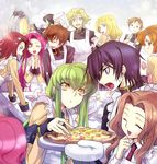  6+girls ? anya_alstreim apron arthur_(code_geass) ashford_academy_uniform black_hair blonde_hair blue_eyes brown_hair c.c. cat closed_eyes code_geass cooking creayus euphemia_li_britannia everyone food food_on_face gino_weinberg glasses graphite_(medium) green_eyes green_hair holding_pizza kallen_stadtfeld kururugi_suzaku lelouch_lamperouge long_hair mechanical_pencil milly_ashford multiple_boys multiple_girls nina_einstein nunnally_lamperouge orange_hair oven pencil pink_hair pizza purple_eyes red_hair rivalz_cardemonde rolo_lamperouge school_uniform shirley_fenette short_hair smile traditional_media uniform yellow_eyes 