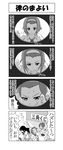  3girls 4koma :&gt; absurdres akiyama_mio bad_id bad_pixiv_id box comic greyscale hairband highres hirasawa_ui hitting k-on! long_hair monochrome multiple_girls ponytail short_hair sweat tainaka_ritsu tears translation_request yomyom 