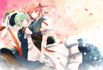  atoki blush green_eyes green_hair hair_bobbles hair_ornament hands hat hat_removed headwear_removed height_difference holding_hands multiple_girls onozuka_komachi petals red_eyes red_hair shiki_eiki short_hair sidelocks smile touhou two_side_up yuri 