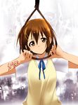  bangs bleeding blood brown_eyes brown_hair cross hair_ornament hairclip hirasawa_yui k-on! kaiga neck_ribbon noose parody ribbon rope scar school_uniform self-mutilation short_hair skull slayer_(band) smile solo staring suicide sweater_vest 