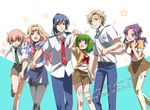  3girls blonde_hair blue_eyes blue_hair blush breasts brown_eyes drill_hair glasses green_hair happy height_difference hidou_ryouji holding_hands large_breasts long_hair luca_angeloni macross macross_frontier matsuura_nanase mikhail_buran multiple_boys multiple_girls necktie open_mouth pantyhose pink_hair pointy_ears ponytail purple_eyes purple_hair ranka_lee red_eyes saotome_alto school_uniform sheryl_nome short_hair smile star thighhighs zettai_ryouiki 