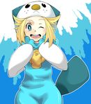  :&lt; bad_id bad_pixiv_id bel_(pokemon) blonde_hair blue_eyes cosplay gen_5_pokemon matsumoto_waka one_eye_closed oshawott oshawott_(cosplay) personification pokemon smile solo 