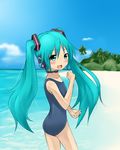  bad_id bad_pixiv_id beach chiroru_(7450n) day green_eyes green_hair hatsune_miku headphones headset long_hair looking_back microphone one-piece_swimsuit school_swimsuit solo swimsuit twintails vocaloid 