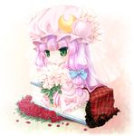  blush book bouquet bow chibi crescent flower green_eyes hair_bow hat long_hair minigirl patchouli_knowledge petals purple_hair red_flower red_rose rose sitting smile solo touhou tsukasaki_aoi veil 
