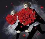  1girl artist_request baccano! blonde_hair bouquet brown_hair flower formal isaac_dian miria_harvent petals red_flower red_rose rose rose_petals running smile spot_color suit 