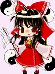  ascot bow brown_eyes brown_hair chibi detached_sleeves dress gohei hair_bow hair_ornament hakurei_reimu japanese_clothes long_hair lowres open_mouth pixel_art solo touhou yakumo_kuroo yin_yang 