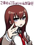  2ch blue_eyes blush brown_hair chan_co long_hair lowres makise_kurisu meme necktie open_mouth red_neckwear ringed_eyes solo steins;gate translated upper_body 