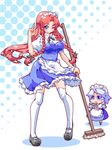  alternate_costume apron blood blue_eyes braid chibi chibi_inset crossed_arms ekus_(xo_ekus) enmaided halftone halftone_background hong_meiling izayoi_sakuya long_hair maid maid_headdress mary_janes mop multiple_girls nosebleed one_eye_closed red_hair shoes short_hair silver_hair smile thighhighs touhou twin_braids v white_legwear 