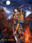  armor armored black_hair clouds dynasty_warriors fanyang_(artist) fire fullmoon hair_tie horse long_hair male moon realistic red_tie riding sword warrior wu yangfan_(artist) zhou_yu 