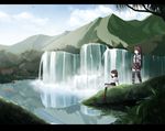  anime_coloring bad_id bad_pixiv_id cross-laced_footwear geta himekaidou_hatate landscape letterboxed mountain multiple_girls oyaji-sou reflection scenery shameimaru_aya sitting tengu-geta thighhighs touhou water waterfall 