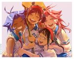  aoi_sora_(pairan) bad_id bad_pixiv_id bandaid blush braid broom brown_hair closed_eyes face glasses hands holding_hands multiple_girls open_mouth original pairan purple_hair red_hair round_teeth smile teeth twintails 