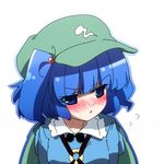  annoyed bangs blue_eyes blue_hair blunt_bangs blush hair_bobbles hair_ornament hat kawashiro_nitori looking_away oka_(bananashoe) short_hair simple_background solo touhou tsundere twintails two_side_up upper_body 