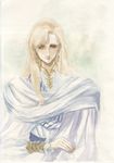  blonde_hair bracelet chicchee earrings heterochromia high_collar jewelry kaze_no_tairiku long_hair robe solo tieh traditional_media watercolor_(medium) 