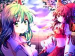  ascot bad_id bad_pixiv_id bow brown_eyes brown_hair detached_sleeves green_eyes green_hair hair_bow hair_ornament hakurei_reimu kochiya_sanae long_hair midriff multiple_girls navel riichu sarashi snake touhou 