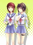  angel_beats! bottle brown_eyes brown_hair hisako_(angel_beats!) iwasawa long_hair maca_(macaroni) multiple_girls paper ponytail red_eyes red_hair school_uniform serafuku short_hair sleeves_rolled_up wristband 