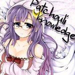  bare_shoulders bespectacled blue_eyes bow breast_hold breasts character_name cleavage crescent glasses hat izumioo large_breasts off_shoulder patchouli_knowledge purple_hair solo touhou upper_body 