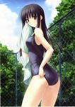  adjusting_clothes adjusting_swimsuit ass bad_id bad_yandere_id black_hair chain-link_fence fence highres looking_back migiwa_kazuha one-piece_swimsuit purple_eyes scan school_swimsuit solo suzuhira_hiro swimsuit towel wet yosuga_no_sora 