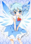  ahoge alternate_hairstyle alternate_wings bad_id bad_pixiv_id blue_eyes blue_hair brooch cirno dress dress_tug jewelry jigatei_(omijin) short_hair solo touhou twintails wings 