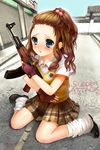  ak-47 assault_rifle bad_id bad_pixiv_id blue_eyes blush brown_hair earrings fingerless_gloves forehead gloves gun hair_bobbles hair_ornament high_ponytail jewelry long_hair loose_socks momoko_(momopoco) plaid plaid_skirt rifle school_uniform sitting skirt socks solo sudden_attack sweater_vest tears wariza weapon 