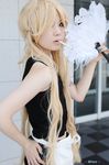  1girl apron ban benten blonde_hair cigarette cosplay fan miniskirt photo sarasvati skirt solo zone-00 