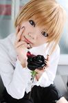 amane_misa cosplay cuffs death_note flower handcuffs photo rose school_uniform serafuku striped taku_anko thigh-highs thighhighs twintails 